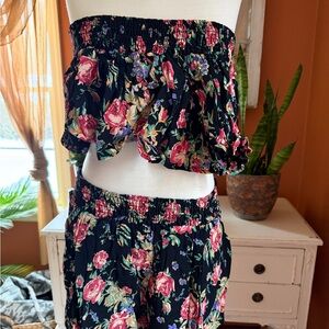 Free People Black Floral Top and Short Set